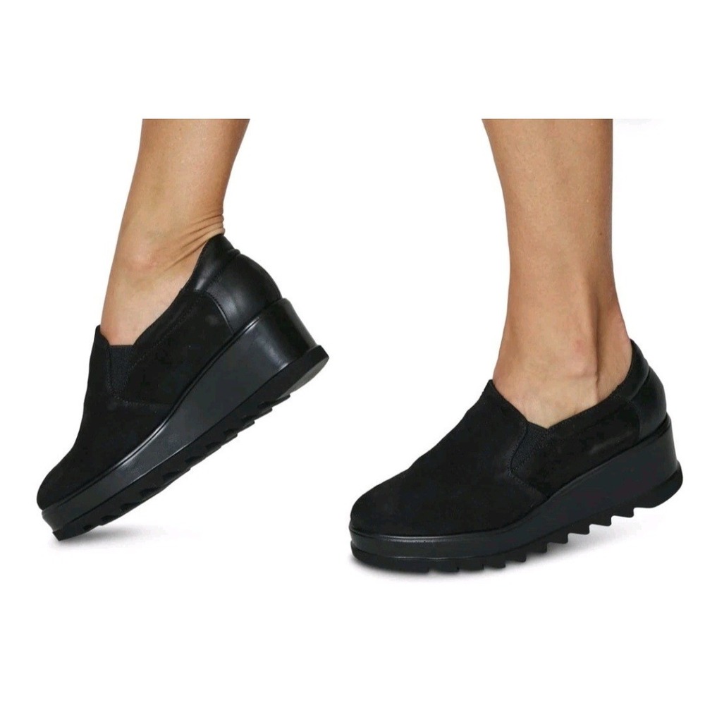 Cordani Amaya Women's Black Leather Slip-On Wedge Loafer Shoes Sz 41 10.5US